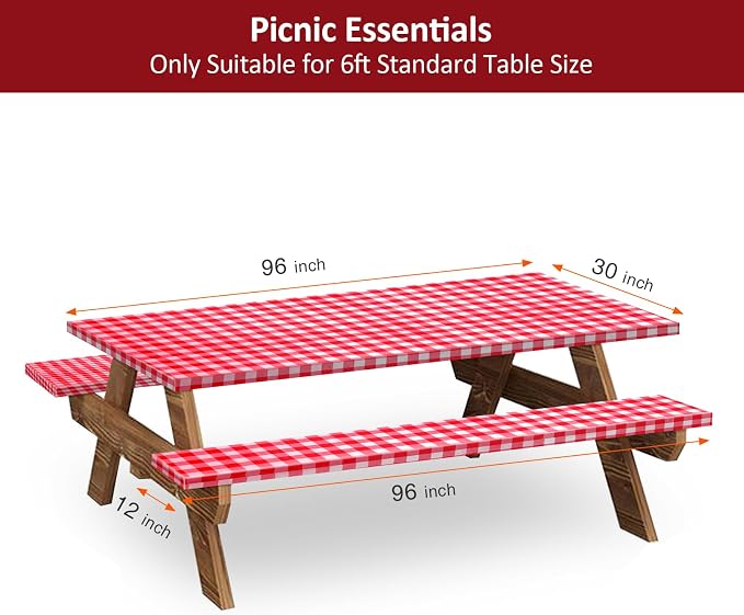 8ft 96in Picnic Table and Bench Cover, 3 Pack, Red-White Checkered | Drawstring Bag, Waterproof Windproof, Elastic Fitted Edges Tablecloth, for Rectangle Table & Seat, Camping Essentials RV Gear