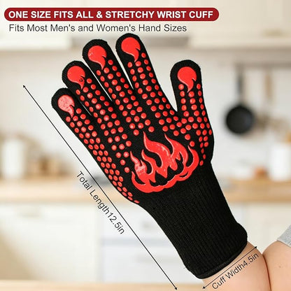 BBQ Gloves Heat Resistant 1472°F, Long Cuff Aramid Fiber Oven Mitts with Non-Slip Silicone, Grilling Gifts for Men, Dad, Husband, Smoker and Kitchen Cooking, Black/Red