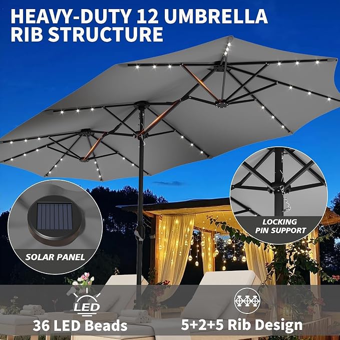 15ft Double-Sided Rectangle Patio Umbrella with 36 LED Solar Lights & Base | UV50+ Weather-Resistant Outdoor Umbrella,Crank Lift,Patio Shade for Pool,Garden,Backyard,Gray
