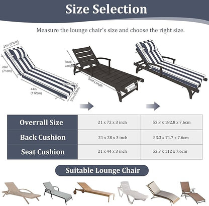 Chaise Lounge Cushions Outdoor Set of 2 Lounge Chair Cushion 72" L x 21" W with Headrest Straps 3'' Thick Waterproof Patio Chaise Cushions Pool Lounger Chair Cushion(Blue Stripe)