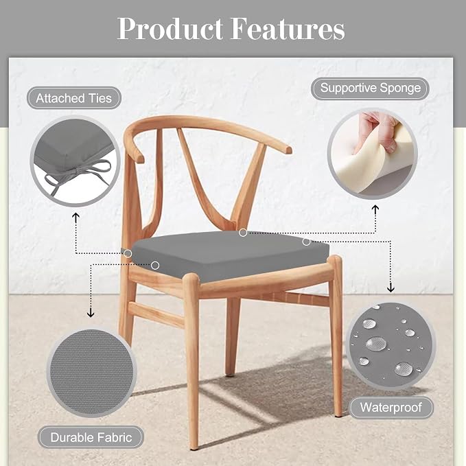 Cozyide Outdoor Chair Cushions, Waterproof Patio Seat Cushions with Adjustable Straps, Round Corner Patio Chair Cushions for Garden, Light Grey, 17x16x2 Inch (Pack of 4)
