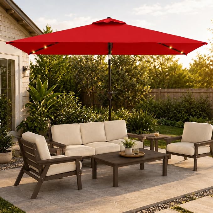 6.5 x 10ft Rectangular Patio Umbrella with Solar Lights, 16 LED Lighted Market Umbrella with Push-Button Tilt and Crank, 6 Sturdy Iron Ribs for Garden, Deck, Pool, Red