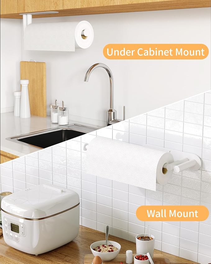 STWWO Paper Towel Holder Under Cabinet, Self-Adhesive Paper Towel Rack | White, Under Counter Under Sink Paper Towel Holder, Self-Adhesive or Wall Mounted, Fits Kitchens Bathrooms & RV