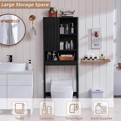 LEYAOYAO Fluted Over The Toilet Storage Cabinet, Farmhouse Over Toilet Bathroom Organizer with a Sliding Door, 68" Tall Black Freestanding Washer Shelf with Adjustable Shelf & Curved Profile