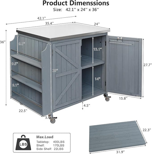 Outdoor Kitchen Island with 4 Locking Wheels, 42”Stainless Steel Top Grill Prep Station, Solid Fir Wood Storage Cabinet with 5-Tier Side Shelf and Adjustable Rack for Patio and BBQ, Grey Blue