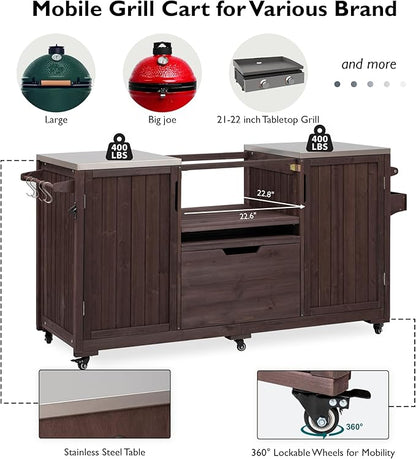 LUMISOL Outdoor Grill Cart with Stainless Steel Top, Solid Wood Kitchen Island for Big Green Egg Grills, 66.5" Rolling Kitchen Table with Internal Storage Rack, Spice & Towel Rack, Dark Brown