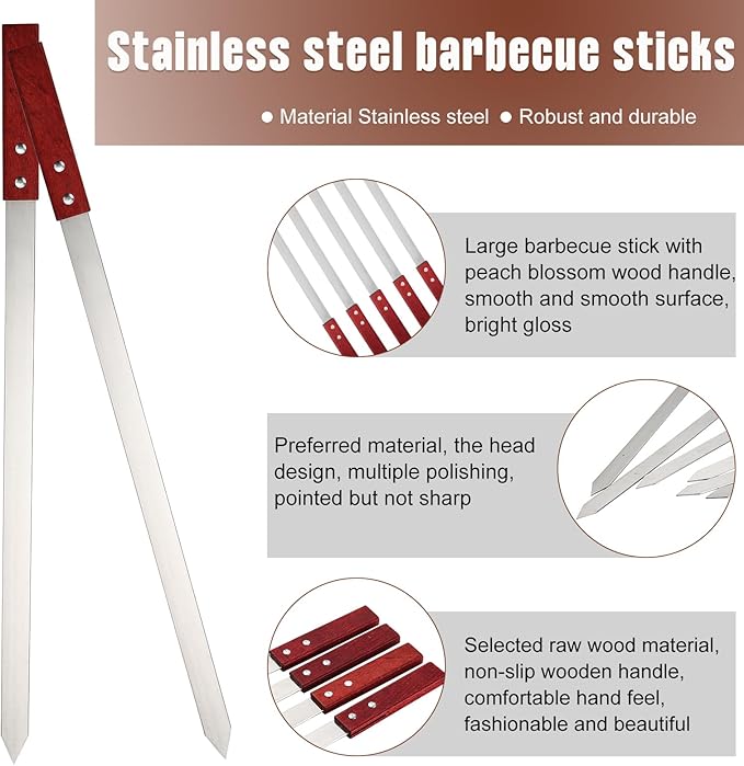Idong 10 PCS Kabob Skewers 23.6" Flat Stainless Steel BBQ Skewers for Grilling Meat with Wood Handle and Tip Guards, Heavy Duty Reusable for Koobideh Persian Brazilian Shish Kebab