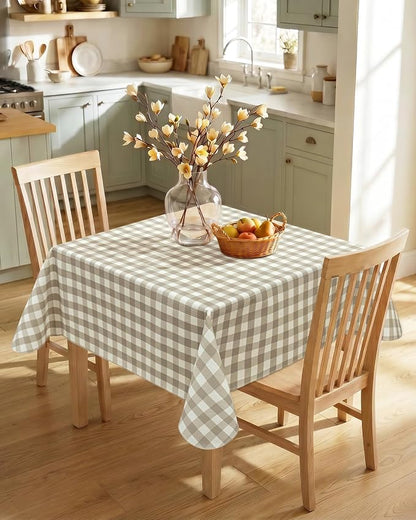 Seenus Khaki Gingham Card Table Tablecloth with Flannel Backing, Waterproof & Easy Clean Farmhouse Decor, Rustic Checkered Table Cloth for Family Dining & Summer BBQ, Square 52 x 52 Inch