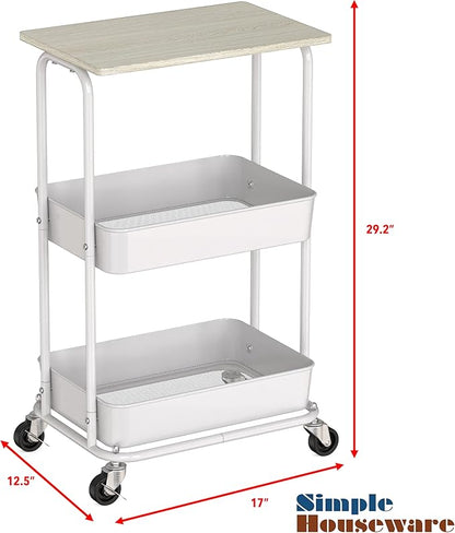 Simple Houseware 2-Tier Rolling Utility Cart Wood Top/Lockable Wheel, Maple | Metal Storage Organizer Trolley for Kitchen, Bathroom, Office, Craft Room