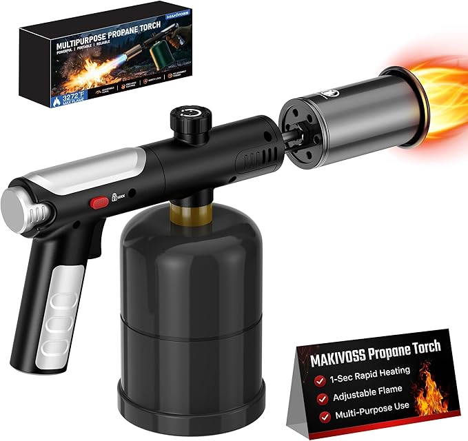Propane Torch Gun & Weed Burner Torch - Adjustable Flame Thrower Gun with Safety Lock & One-Touch Max Fire, Cooking Blow Torch for Searing, Charcoal Starter, BBQ & Weeding (Tank Not Included)