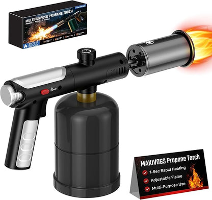 Propane Torch Gun & Weed Burner Torch - Adjustable Flame Thrower Gun with Safety Lock & One-Touch Max Fire, Cooking Blow Torch for Searing, Charcoal Starter, BBQ & Weeding (Tank Not Included)