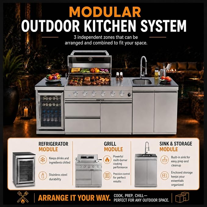 98" Outdoor Kitchen Island with 6-Burner Propane Grill, 72,000 BTU Stainless Steel BBQ Station with Refrigerator, Sink, Side & Rear Burners, Rotisserie, Granite Countertop and Storage, Silver