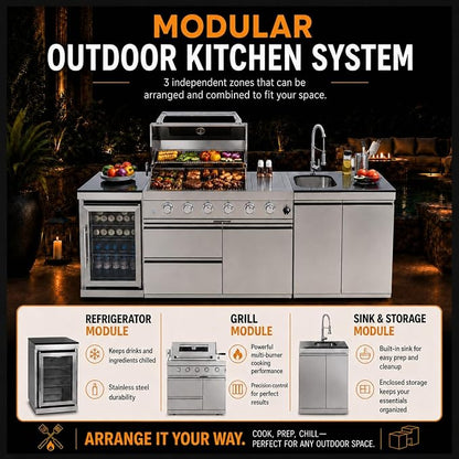 98" Outdoor Kitchen Island with 6-Burner Propane Grill, 72,000 BTU Stainless Steel BBQ Station with Refrigerator, Sink, Side & Rear Burners, Rotisserie, Granite Countertop and Storage, Silver