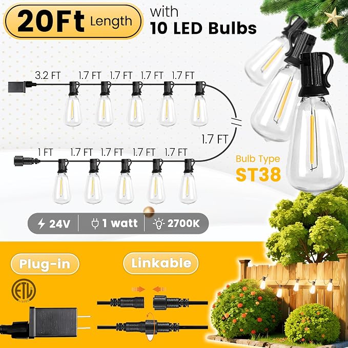 Outdoor String Lights 20FT - LED Waterproof Patio Lights Shatterproof ST38 Edison Bulbs, Connectable Hanging Vintage Lights for Outside Indoor Garden Backyard Deck Porch Party Decor