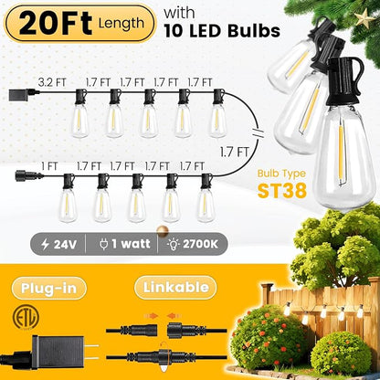 Outdoor String Lights 20FT - LED Waterproof Patio Lights Shatterproof ST38 Edison Bulbs, Connectable Hanging Vintage Lights for Outside Indoor Garden Backyard Deck Porch Party Decor