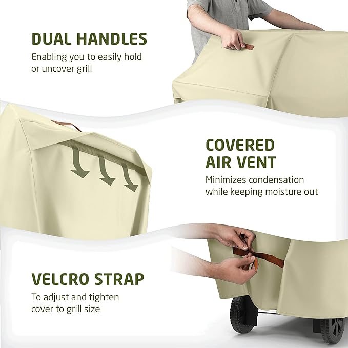ZOBER Heavy Duty BBQ Grill Cover - 58 Inch Waterproof Double Layered Fits Weber Gas Grill Cover Charbroil Grill & Smoker - Gas Grill Covers w/Air Vents, Dual Handles - 600D Oxford Fabric, Cream