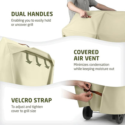 ZOBER Heavy Duty BBQ Grill Cover - 58 Inch Waterproof Double Layered Fits Weber Gas Grill Cover Charbroil Grill & Smoker - Gas Grill Covers w/Air Vents, Dual Handles - 600D Oxford Fabric, Cream