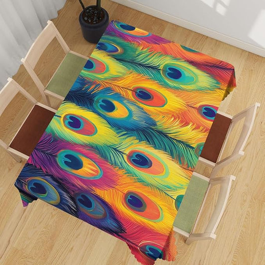Peacock Feathers Decorative Rectangle Table Cloth Oil Painting Rainbow Feather Rectangle Kitchen Table Cover Oblong Tablecloth for Dining Table Buffet Parties Patio Camping 52" x 70" 4-6 Seats