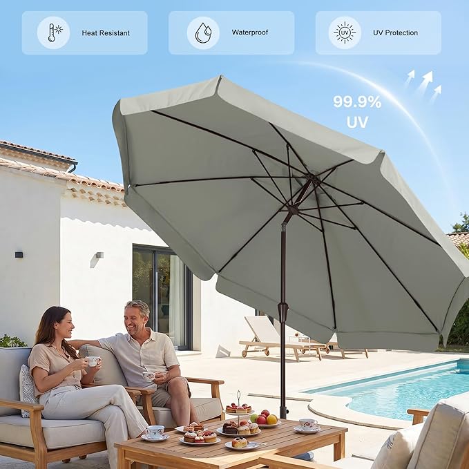 ABCCANOPY 10ft Scalloped Patio Umbrella, Outdoor Table Umbrella with Tilt and Crank, Fiberglass Ribs Deck Umbrella for Patio, Pool, Garden, Picnic (Light Gray)
