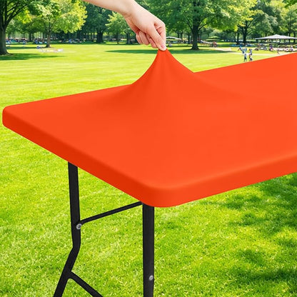 Moosfor Spandex 6 Foot Rectangle Table Cloth, Elastic Fitted Tablecloths for Picnic, Stretch Washable Patio Table Cover for Outdoor, Camping, Banquet and Parties (Orange, 30"x72")