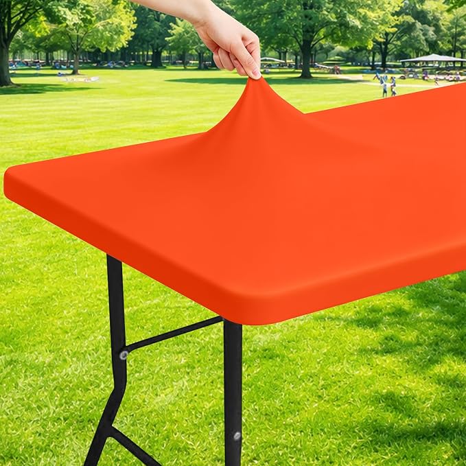 Moosfor Spandex 5 Foot Rectangle Table Cloth, Elastic Fitted Tablecloths for Picnic, Stretch Washable Patio Table Cover for Outdoor, Camping, Banquet and Parties (Orange, 30"x60")