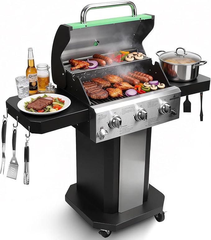 Redlife 3 Burner Propane Gas Grill, 30,000 BTU Outdoor BBQ Grill with Cast Iron Cooking Grates, Stainless Steel Warming Rack, Built-in Thermometer, Side Shelves, Removable Grease Tray, Green
