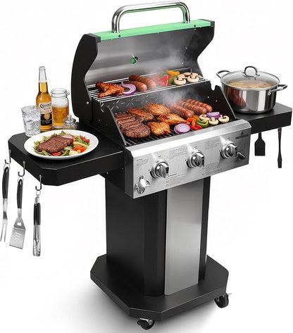 Redlife 3 Burner Propane Gas Grill, 30,000 BTU Outdoor BBQ Grill with Cast Iron Cooking Grates, Stainless Steel Warming Rack, Built-in Thermometer, Side Shelves, Removable Grease Tray, Green