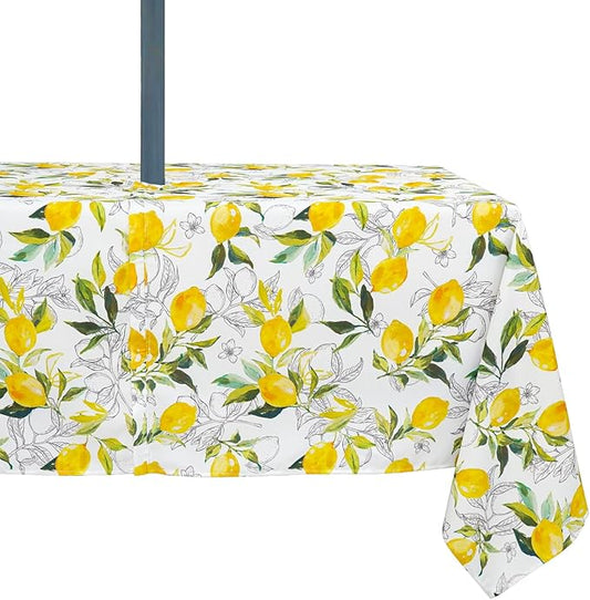 Outdoor Tablecloth with Umbrella Hole Lemon Print Outdoor Table Cover, Windproof & Easy Install Patio Tablecloth for Picnic, Garden, Backyard & Summer Parties 60 x 102 in