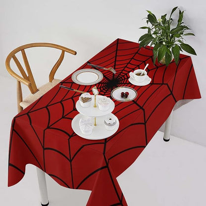 Spider Web Hero Tablecloth, Black Spiderweb Red Cobweb Circle Water Resistant Wipeable Table Cover for Picnic Party Holiday Kitchen Dinner Table 60"x120"