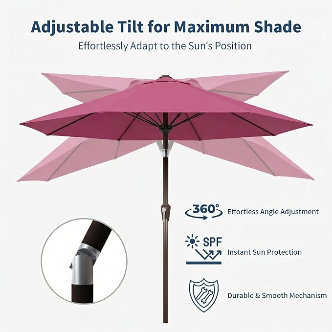 9FT Patio Umbrella Outdoor Table Umbrella w/Push Button Tilt and Crank, 8 Sturdy Ribs, UV Resistant Waterproof Market Umbrella for Pool, Deck, Backyard, Garden, Rose Pink