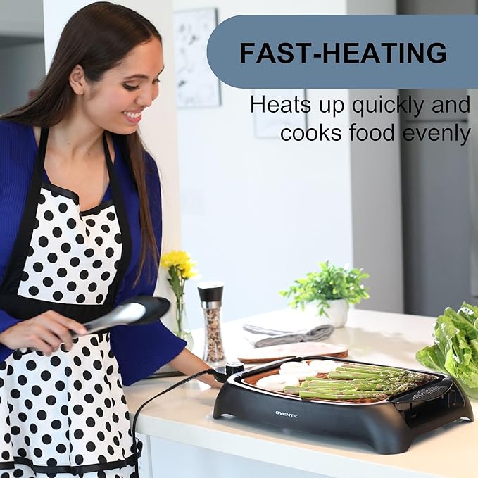 OVENTE Electric Indoor Grill with 13x10 Inch Non-Stick Cooking Surface, 1000W Fast Heat Up Power, Adjustable Temperature, Removable and Dishwasher Safe Grilling Plate and Drip Tray, Copper GD1632NLCO