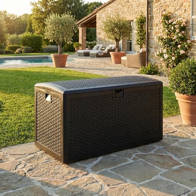 73 Gallon Blow-Molded Outdoor Storage Box, Lockable Storage Chest, Waterproof & UV-Resistant Storage Bin for Patio Cushions, Garden Tools & Pool Accessories, Outdoor Toy Storage Bench, Black