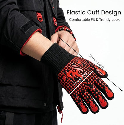 Extra Long BBQ Gloves, 1472°F Extreme Heat Resistant Silicone Grilling Gloves, Non-Slip 5-Finger Oven Mitts for Smoking, Cooking, Baking, Campfire
