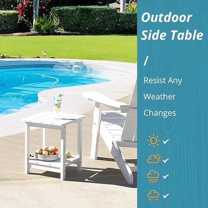 LUE BONA Outdoor Side Table, 2-Tier HDPS Small Patio Table, White | 2-Tier Shelf for Extra Storage, Small End Table for Pool, Porch, Balcony, Weather Resistant HDPS, Easy Clean