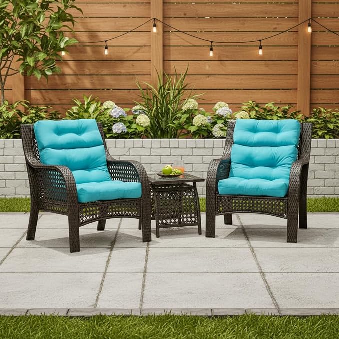 Outdoor Tufted High-Back Chair Cushions, One-Piece Hinged Seat and Back Design, Reversible with 4 Ties, Durable Polyester Fabric, Recycled Fiber Fill - Set of 2, Teal