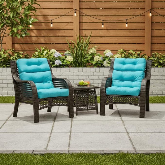 Outdoor Tufted High-Back Chair Cushions, One-Piece Hinged Seat and Back Design, Reversible with 4 Ties, Durable Polyester Fabric, Recycled Fiber Fill - Set of 2, Teal