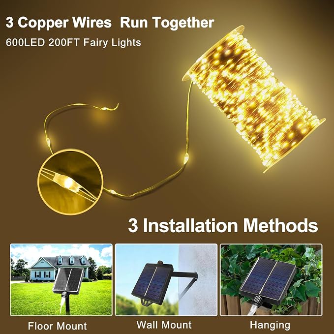 KNONEW 203FT 600LED Solar Fairy String Lights Outdoor Warm White 8 Modes | 8 Modes IP44 Waterproof Copper Wire Extra Long for Garden Patio Yard Christmas Wedding Party Indoor Outdoor
