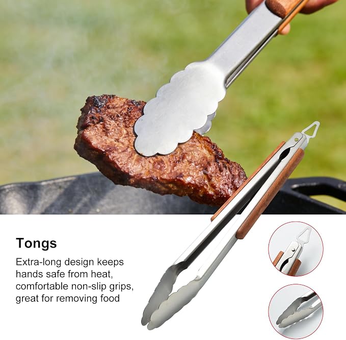 Heavy-Duty Wood BBQ Grilling Accessories Tools Set, Premium Thickened Stainless Steel Barbecue Utensils for Outdoor Grilling