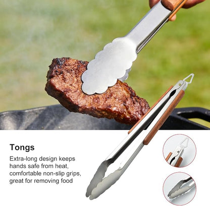 Heavy-Duty Wood BBQ Grilling Accessories Tools Set, Premium Thickened Stainless Steel Barbecue Utensils for Outdoor Grilling