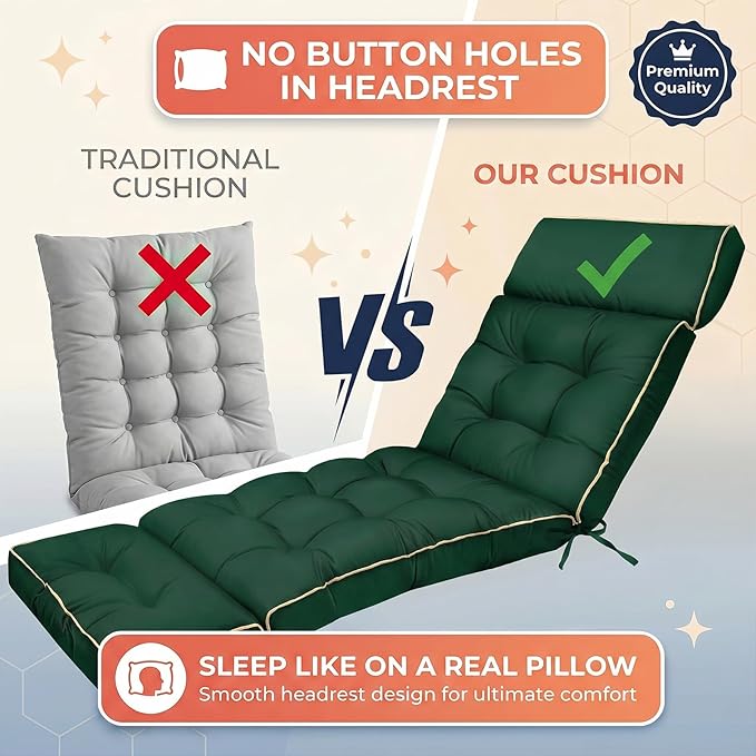 MAGIC ELEPHANT Chaise Lounge Cushion Outdoor, Memory Foam Patio Lounge Chair Cushion with Ties for Outdoor Furniture, 74 x 22 x 4 Inch (Green)