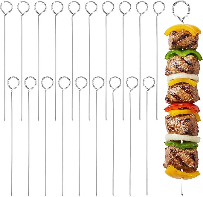 20 Pcs Metal Grill Skewers, 8 Inch Stainless Steel Kabob Skewers for Grilling, Reusable Kebab Skewer Metal BBQ Skewer for Kabobs Barbeque Chicken Fruit Vegetable Camping