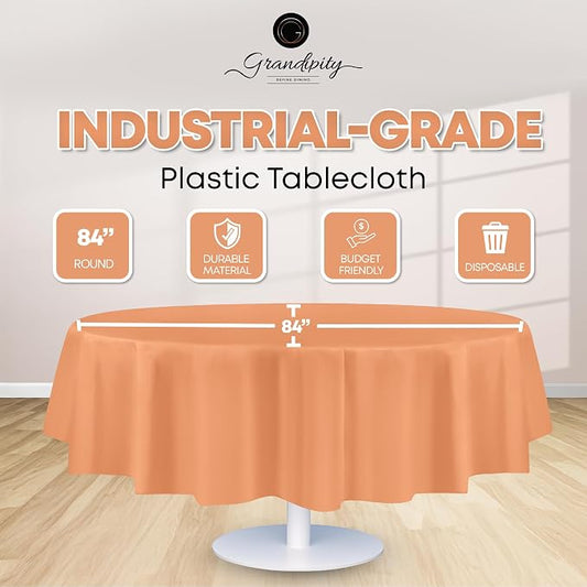 Grandipity Peach 12 Pack Premium Disposable Plastic Tablecloth 84" Inch Decorative Round Table Cover