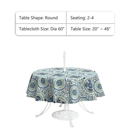 LVTXIII Round Outdoor Tablecloth with Umbrella Hole and Zipper, Water-Repellent 60 Inch Patio Table Cover for Bistro, Garden, Patio & Picnic, Coastal Medallion