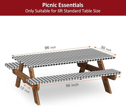 8ft 96" Picnic Table and Bench Cover, 3 Pack, Black-White Checkered | Drawstring Bag, Waterproof Windproof, Elastic Fitted Edges Tablecloth, for Rectangle Table & Seat, Camping Essentials RV Gear