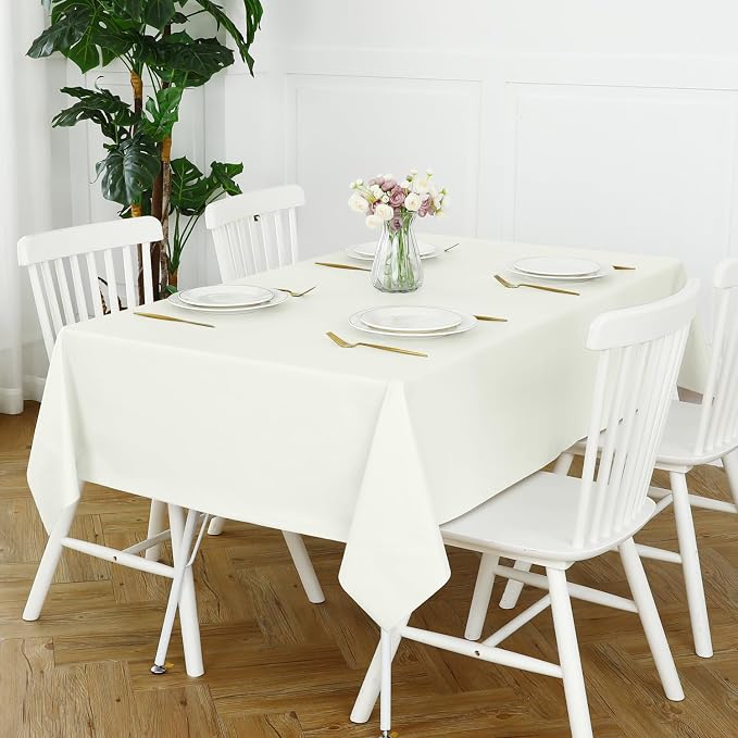 Romanstile 100% Waterproof PVC Tablecloth, Rectangle Oil Spill Proof Stain Resistant Vinyl Table Cloth, Wipe Clean Plastic Table Covers for Kitchen/Dining/Parties - 60 x 120 Inch, Ivory
