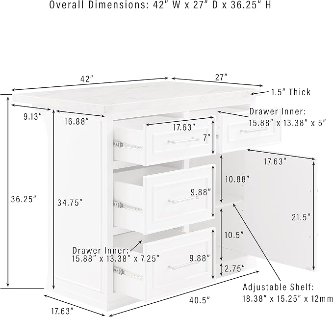 Crosley Furniture Cutler Faux Marble Top Kitchen Island with Storage, Breakfast Bar, Microwave Stand, White