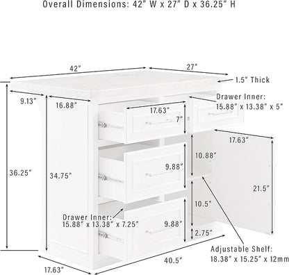 Crosley Furniture Cutler Faux Marble Top Kitchen Island with Storage, Breakfast Bar, Microwave Stand, White