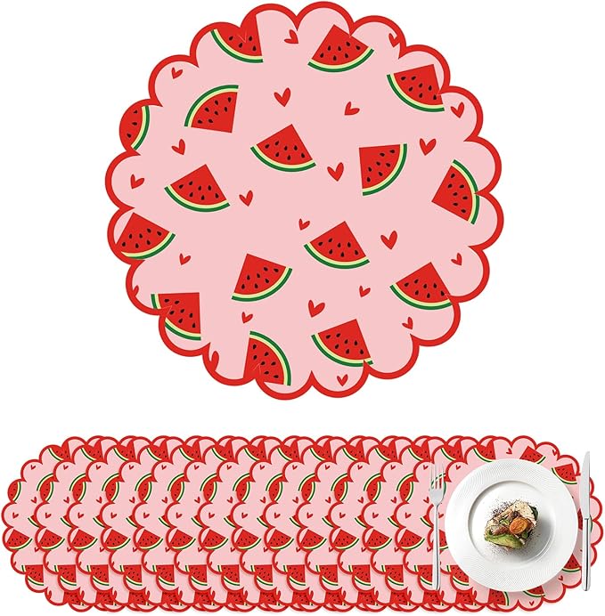 100 Pcs Watermelon Paper Placemats Orange Fruit Place Mats 13.5 Inch Disposable Round Decorative Dining Table Mat with Scalloped Edge for Summer Picnic BBQ Birthday Bridal Wedding Party Supplies