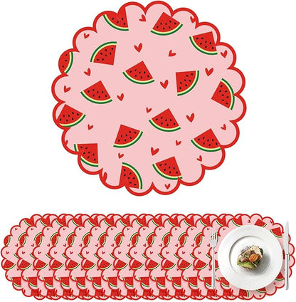 100 Pcs Watermelon Paper Placemats Orange Fruit Place Mats 13.5 Inch Disposable Round Decorative Dining Table Mat with Scalloped Edge for Summer Picnic BBQ Birthday Bridal Wedding Party Supplies