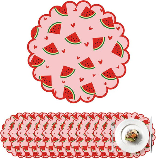 100 Pcs Watermelon Paper Placemats Orange Fruit Place Mats 13.5 Inch Disposable Round Decorative Dining Table Mat with Scalloped Edge for Summer Picnic BBQ Birthday Bridal Wedding Party Supplies